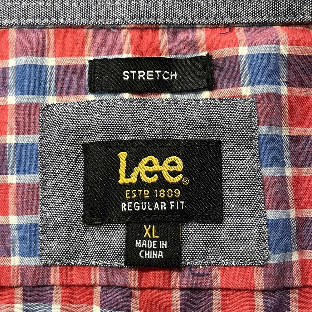 Lee Mens Shirt XL Blue Red Check Button Up Short Sleeve Stretch Patriotic Casual - Picture 4 of 8